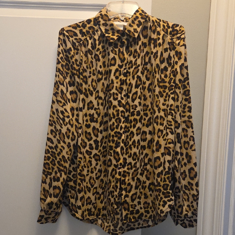 H&M Leopard Print Button-Up Blouse - Brown & Black Sz 2